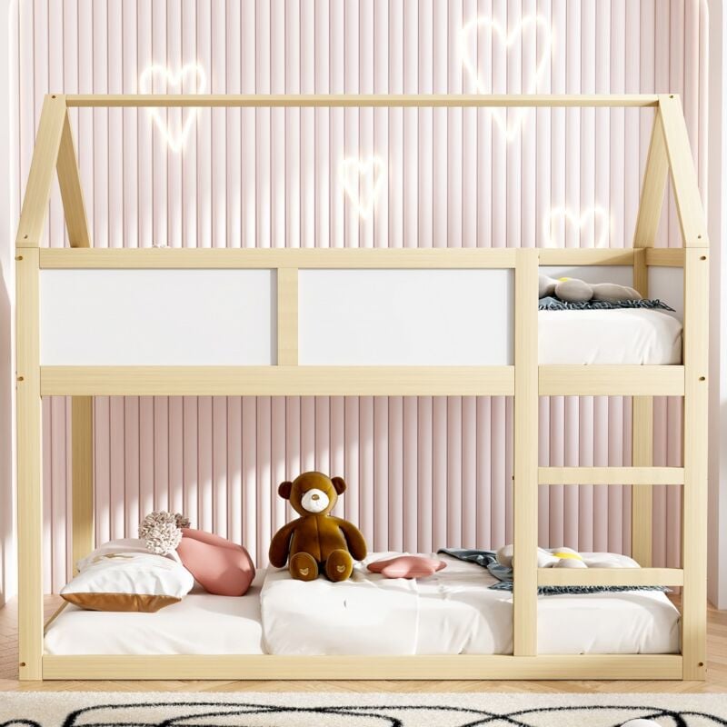 Eifson - Lit superposé enfant 90x200 cm, avec escalier, antichute, avec sommier à lattes, structure en bois massif, adapté aux enfants et adolescents