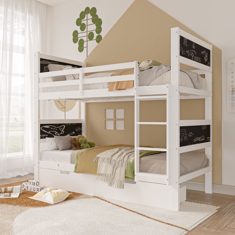 Lit superposé enfant 90x200 cm avec escalier, avec deux grands tiroirs, avec grille antichute, avec tableau noir, cadre en pin, sommier à lattes,