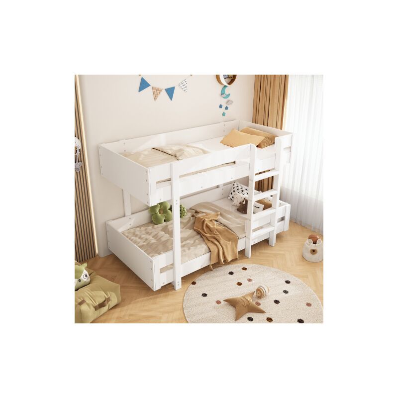 Lit superposé enfant 90 x 200 cm avec escalier, balustrade renforcée, sans matelas, blanc
