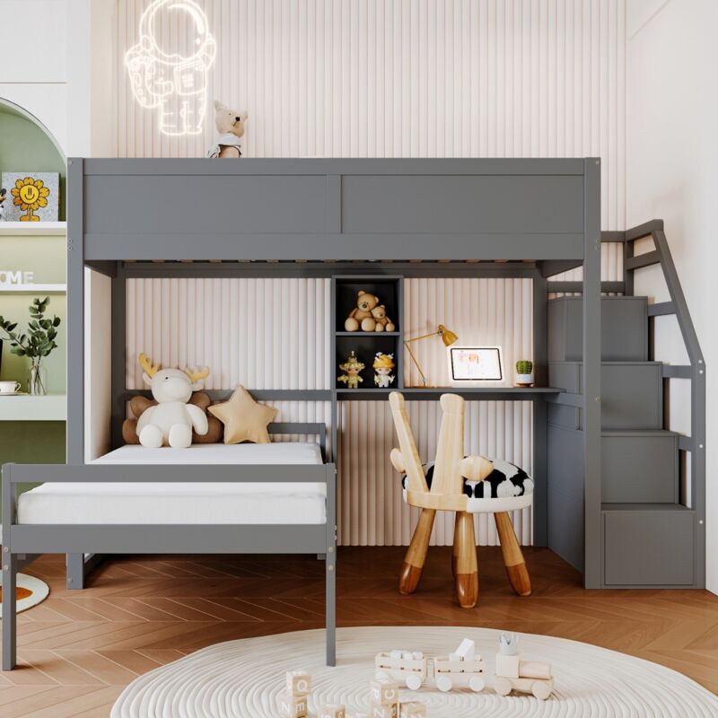 Eifson - Lit superposé enfant 90x200 cm, avec escalier de sécurité et rangement caché, avec rangement bureau, traverse haute 2 en 1, sommier à