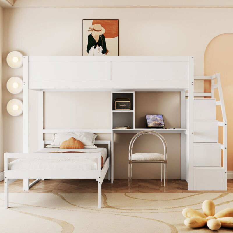 Eifson - Lit superposé enfant 90x200 cm, avec escalier de sécurité et rangement caché, avec rangement bureau, traverse haute 2 en 1, sommier à