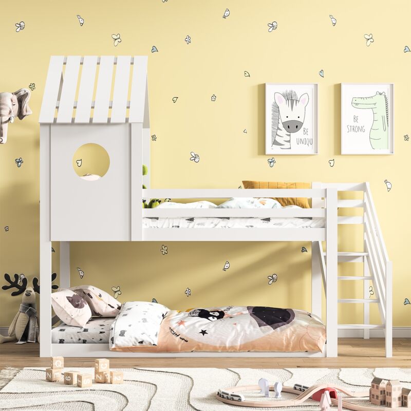 Lit superposé enfant 90x200 cm, avec escalier, grille antichute, sommier à lattes, design cabane dans les arbres, style contemporain, peut accueillir