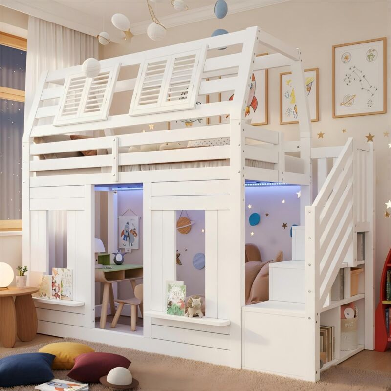 Lit superposé enfant 90 x 200 cm avec LED et escalier de rangement Lit double enfant protection anti-chute et forme fenêtre Blanc