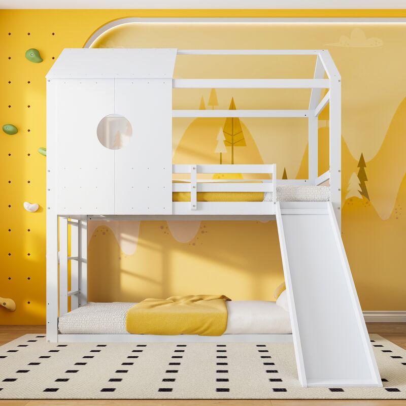 Lit superposé enfant 90x200 cm, avec toboggan, escalier latéral, grille antichute, forme maison, structure en pin, sommier à lattes, adapté aux