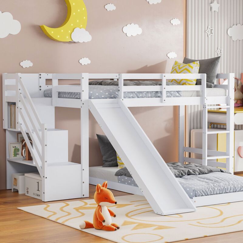 Lit superposé enfant 90x200 cm, avec toboggan et escalier à casier, avec grille antichute, sommier à lattes, structure en pin, style scandinave, peut