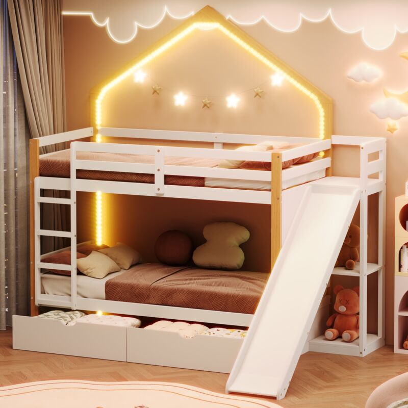 Eifson - Lit superposé enfant 90x200 cm, avec toit et fenêtres à barres lumineuses led, avec échelle et toboggan, avec deux tiroirs, avec deux