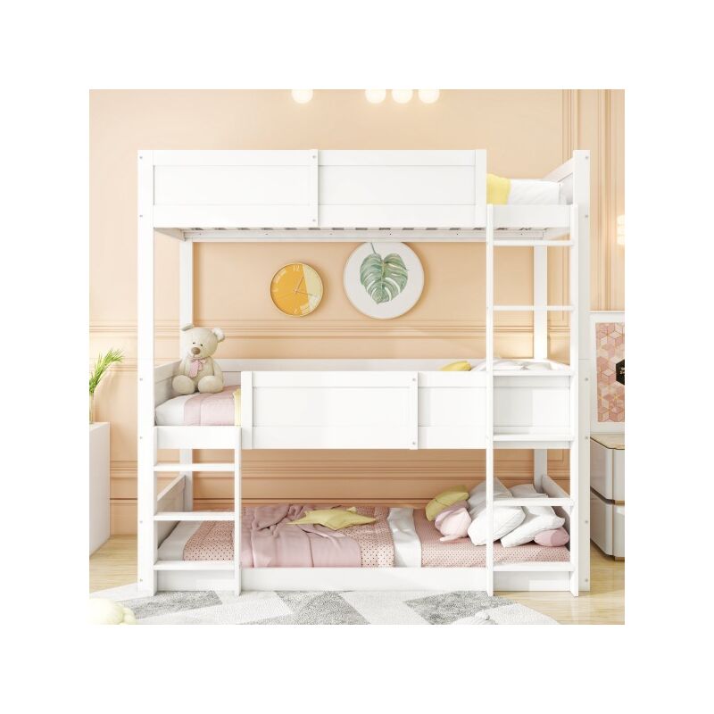 Lit superposé enfant 90x200 cm, design à traverse haute avec protection antichute, lattes en bois massif, peut accueillir 3 enfants, lit mezzanine en