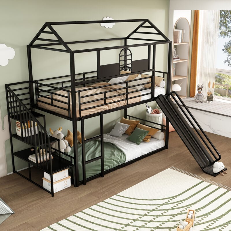 Lit superposé enfant 90 x 200 cm en fer avec toit et fenêtre, toboggan et échelle latérale, grille antichute, noir