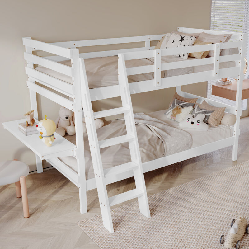 Lit superposé enfant 90 x 200 cm en pin avec échelle, sommiers à lattes, clôture de sécurité, bureau, blanc