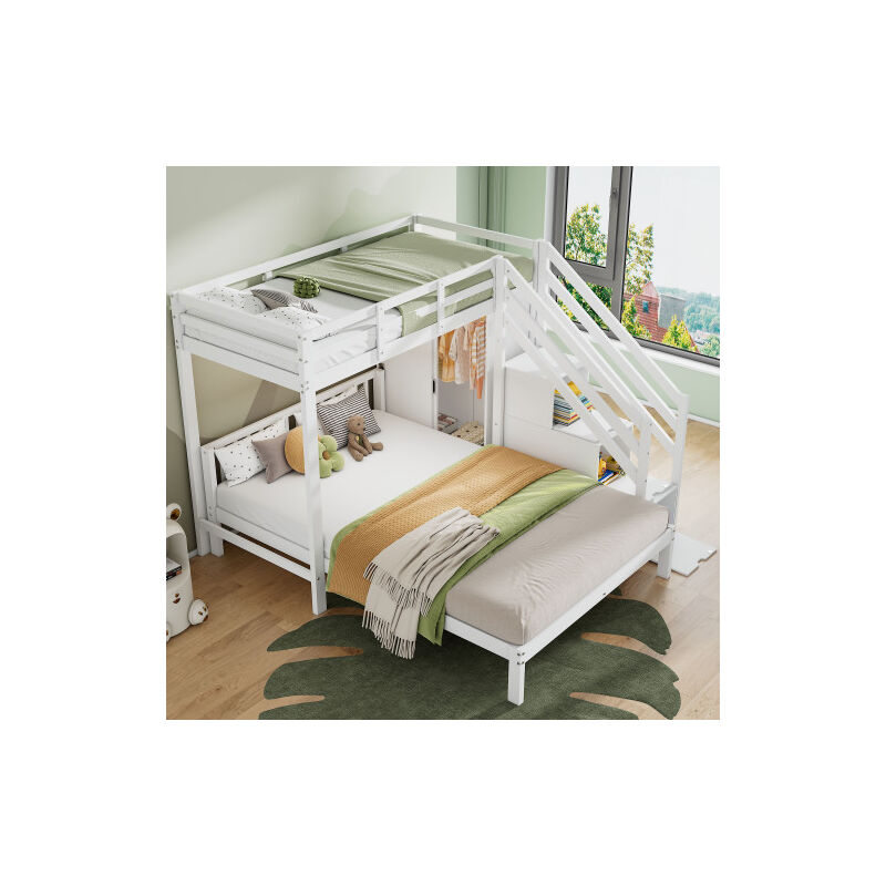 Lit superposé 90x200 cm et 140x200 cm, lit enfant avec armoire et escalier de rangement, sans matelas, blanc