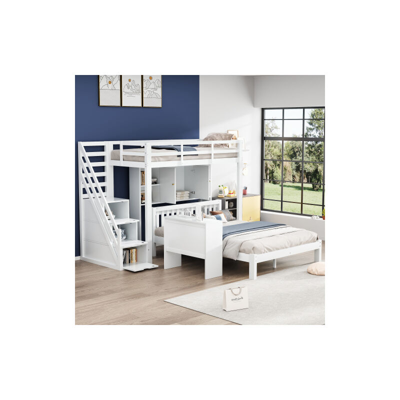 Wishdor - Lit superposé enfant 90x200 cm et 140x200 cm avec étagère, escalier de rangement et table, sans matelas, blanc