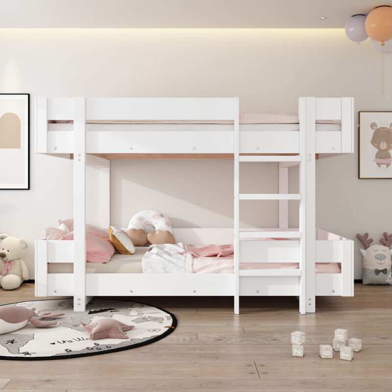 Lit superposé enfant 90 x 200 cm Lit enfant avec escalier et barrière renforcée structure en bois massif Blanc