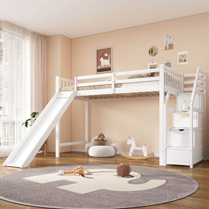 lit superposé enfant 90 x 200 cm,lit mezzanine 1 place,lit mezzanine escalier,lit toboggan,avec escalier de rangement,Blanc