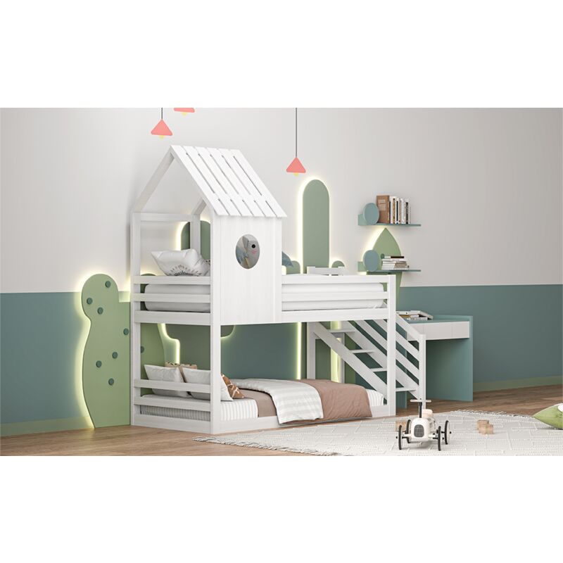 Sunfecili - Lit superposé enfant 90 x 200 cm,lit mezzanine 1 places,lit cabane avec barrières de sécurité, fenêtres, mains courantes,bois massif,Blanc