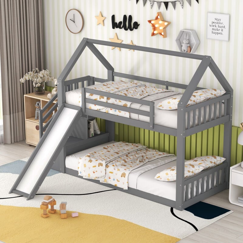 Sunfecili - lit superposé enfant 90 x 200 cm,lit mezzanine 2 places,lit cabane enfant,lit toboggan,avec escalier de rangement,Gris