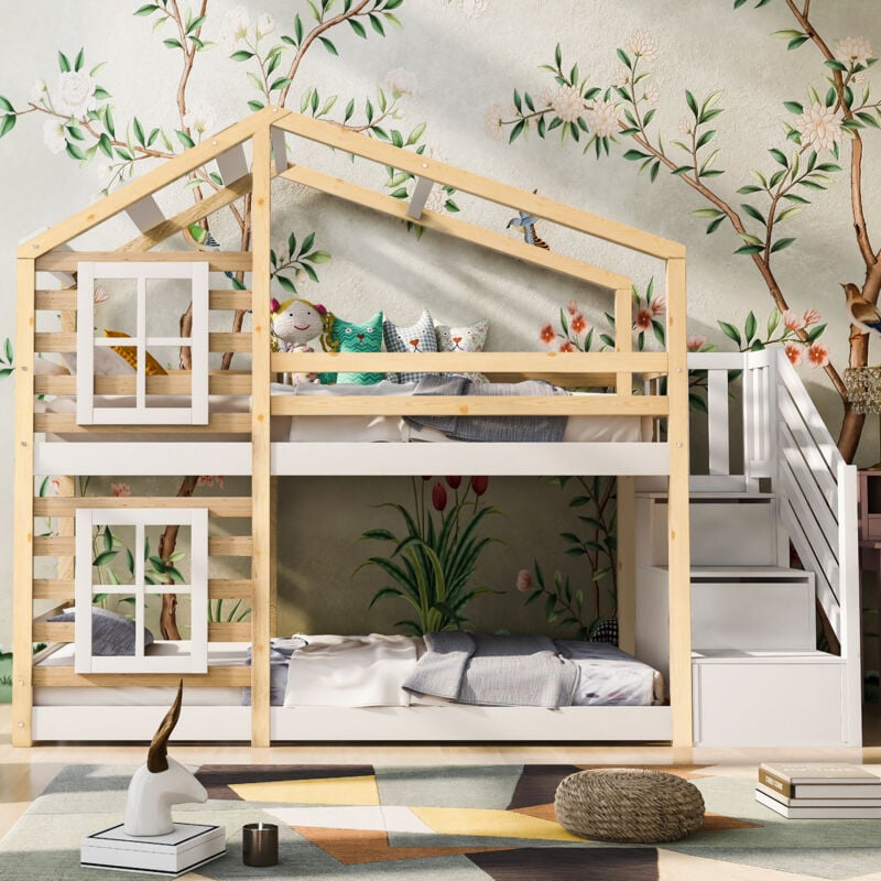 Hauss Spole - Lit superposé enfant 90 x 200, lit cabane, escalier de rangement, sécurité contre les chutes, naturel+blanc, sans matelas