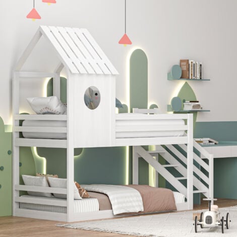 Lit superposé enfant 90 x 200,lit cabane 90 x 200 avec sommier à lattes,aescaliers,lit mezzanine 2 places,bois massif,blanc --SUNFECILI