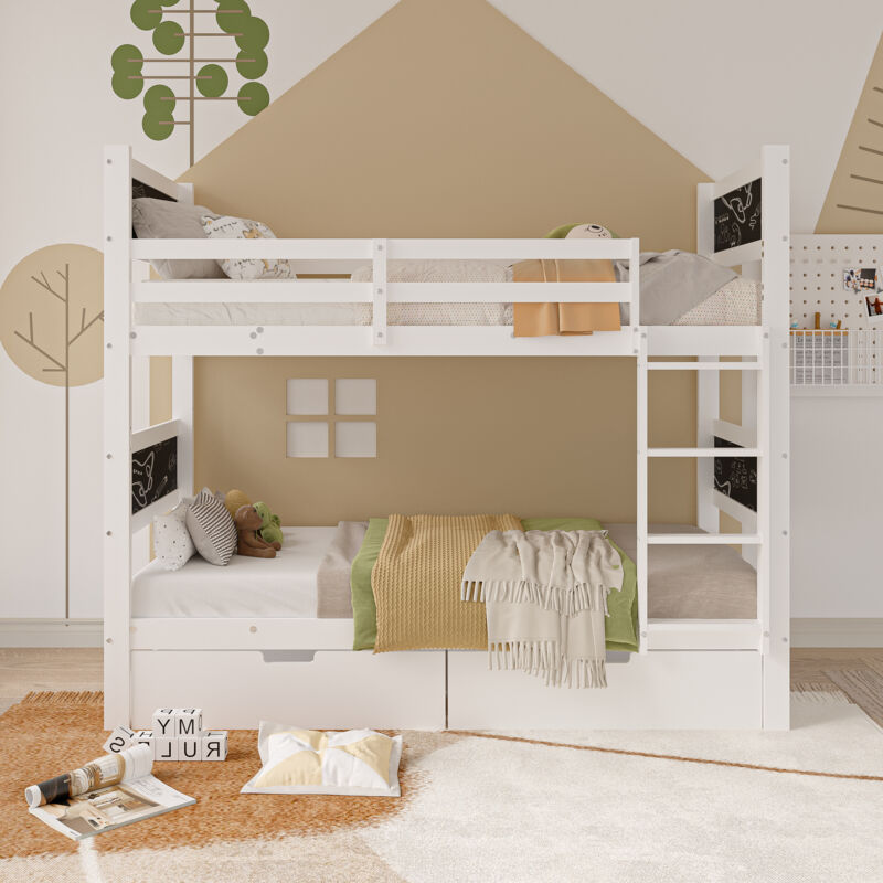 Pergar - lit superposé enfant 90x200,lit mezzanine 2 place,avec deux tiroirs de rangement,tableau noir avec dessin,bois massif,blanc