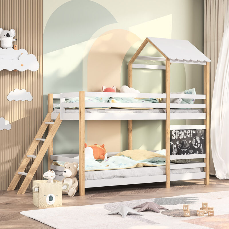 Sunfecili - lit superposé enfant 90 x 200,lit mezzanine 2 place,lit cabane avec protection antichute, tableau noir,pin massif + MDF,blanc -