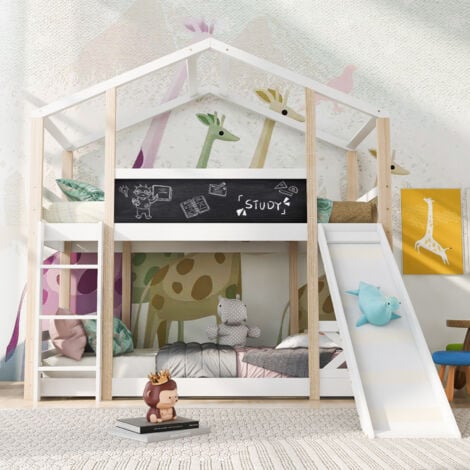 lit superposé enfant 90 x 200,lit mezzanine 2 place,lit cabane,lit toboggan avec protection antichute, tableau noir,pin massif + MDF,blanc --SUNFECILI