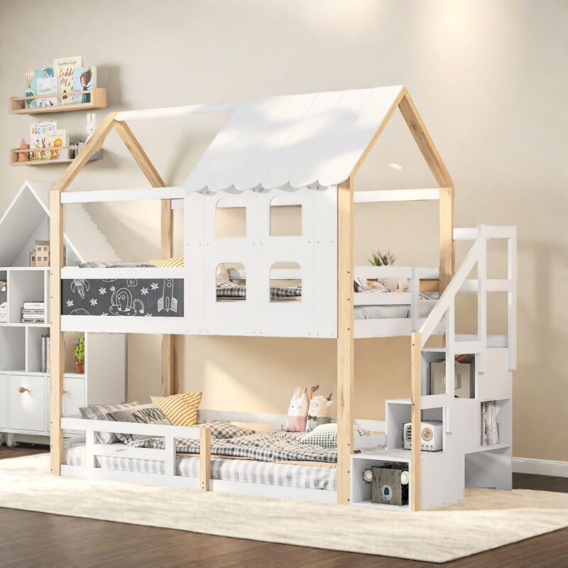 Lit superposé enfant 90 x 200,lit montessori,lit superposé pour 2 enfants,escalier de rangement,tableau noir,lit cabane enfant,cadre de lit en bois