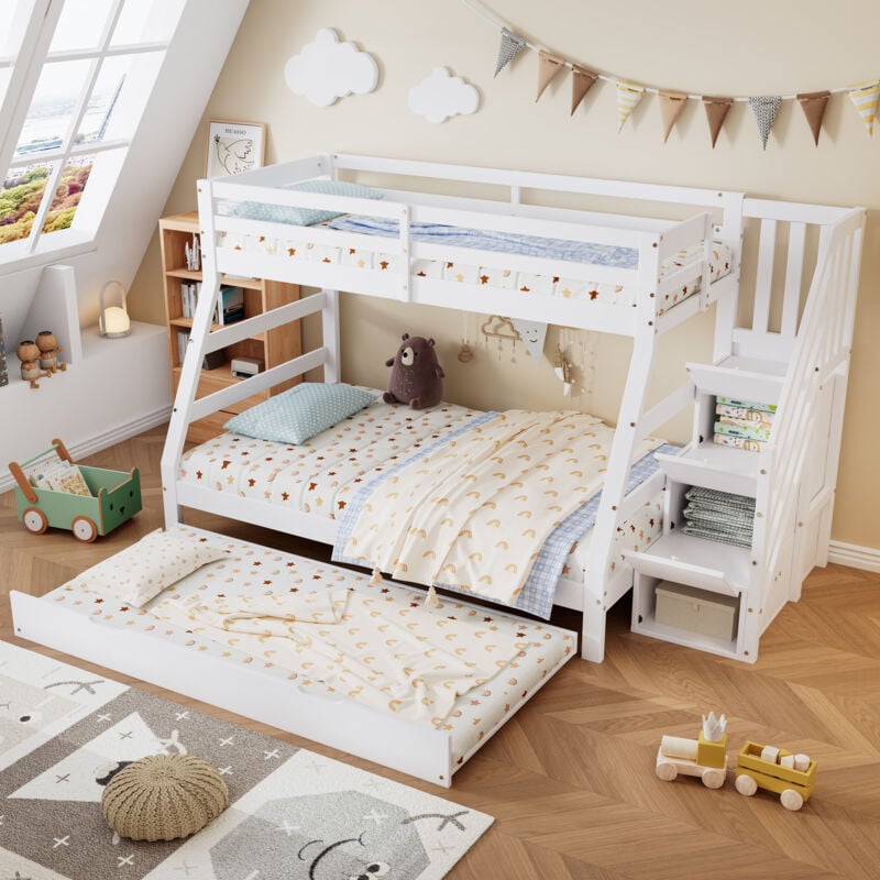 Redom - Lit superposé enfant 90/120x200 cm avec lit gigogne, avec armoire échelle et barrière antichute, pin + mdf, blanc