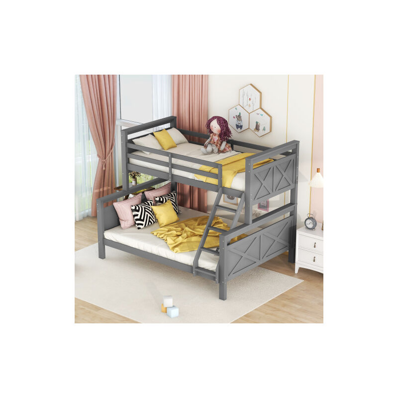 Lit superposé 90x200 cm et 140x200 cm avec échelle et barrière de sécurité, transformable en 2 lits séparés, en bois, gris