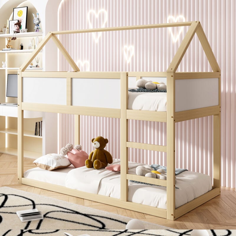 Lit superposé 90x200 cm lit simple d'enfant, lit cabane 2 places avec escalier, en bois massif, couleur de bois, sans mateals