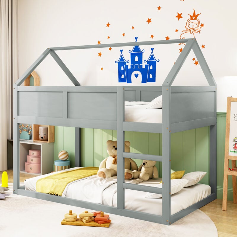Okwish - Lit superposé 90x200 cm lit simple d'enfant, lit cabane 2 places avec escalier, en bois massif, gris, sans mateals