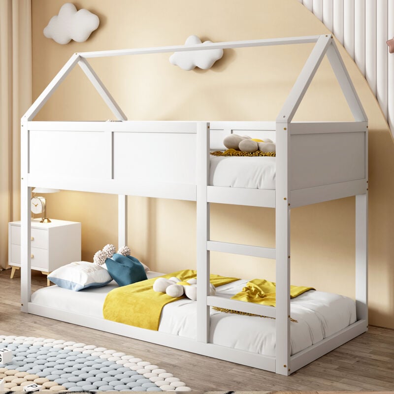 Okwish - Lit superposé 90x200 cm lit simple d'enfant, lit cabane 2 places avec escalier, en bois massif, blanc, sans mateals