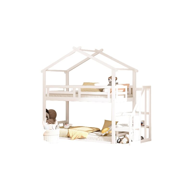 Liberté - Lit superposé enfant 90200cm avec escalier de sécurité, cadre en bois massif et sommier à lattes, blanc