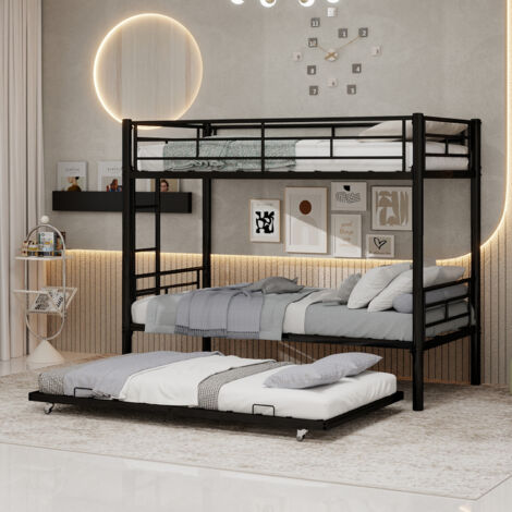 Lit superposé enfant 90x190 cm en métal avec lit gigogne, séparable en 3 lits, noir