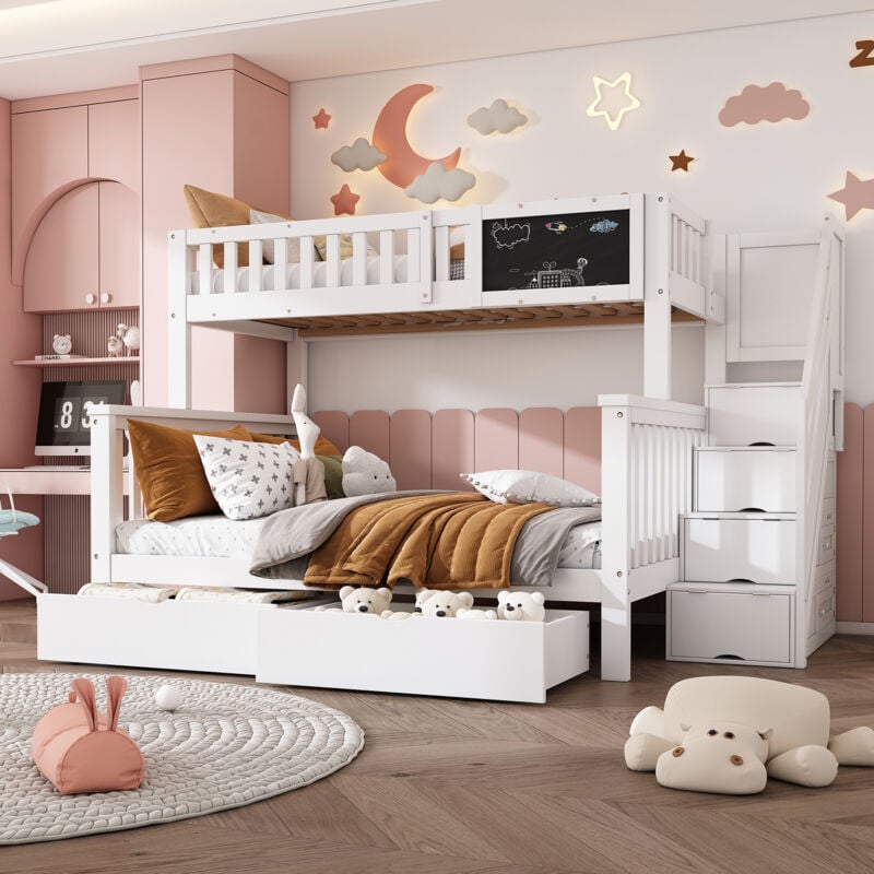Hauss Spole - Lit superposé enfant 90x200 + 140x200 cm avec 2 tiroirs + tableau à dessin noir, escalier de rangement, sans matelas, bois, blanc