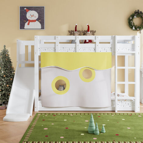 Lit superposé enfant 90x200 blanc avec escalier, toboggan, rideaux, barrière