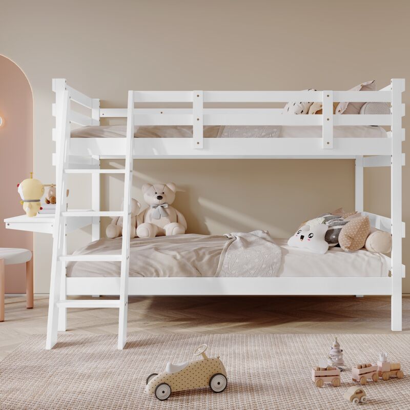 Lit superposé enfant 90x200cm, 2 places, avec barrière de sécurité et cloisons ouvertes, escalier, cadre en pin, adapté aux adolescents et aux