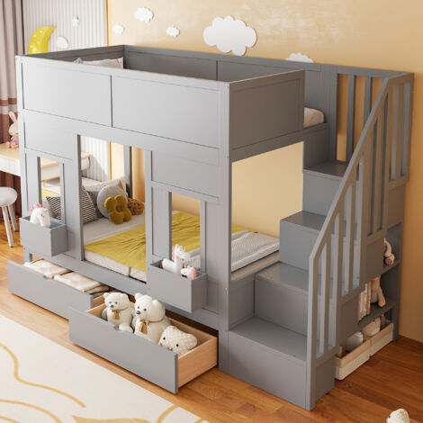 Lit superposé enfant 90x200 cm avec 2 tiroirs et rangement, lit cabane avec fenêtres et barrières de sécurité, structure en bois et MDF gris
