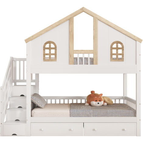 Lit superposé enfant 90x200 cm avec escalier de rangement (4 cases) - 2 tiroirs - Fenêtre et barrière de sécurité contrastée - Pin et MDF - Blanc