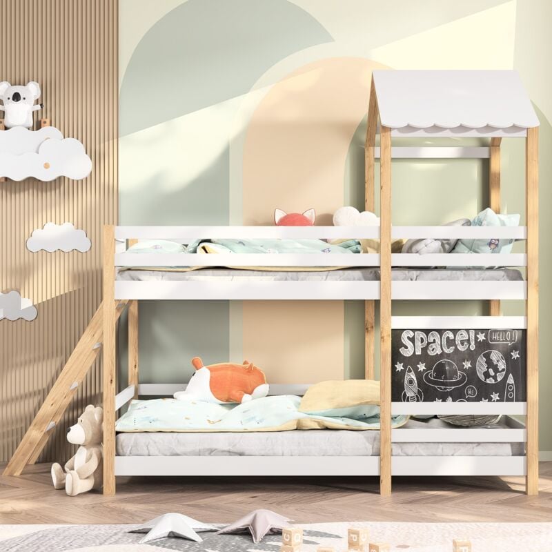 Lit superposé enfant 90x200 cm, avec escalier et toit, double peinture couleur bois, avec tableau noir, avec grille de protection antichute, adapté