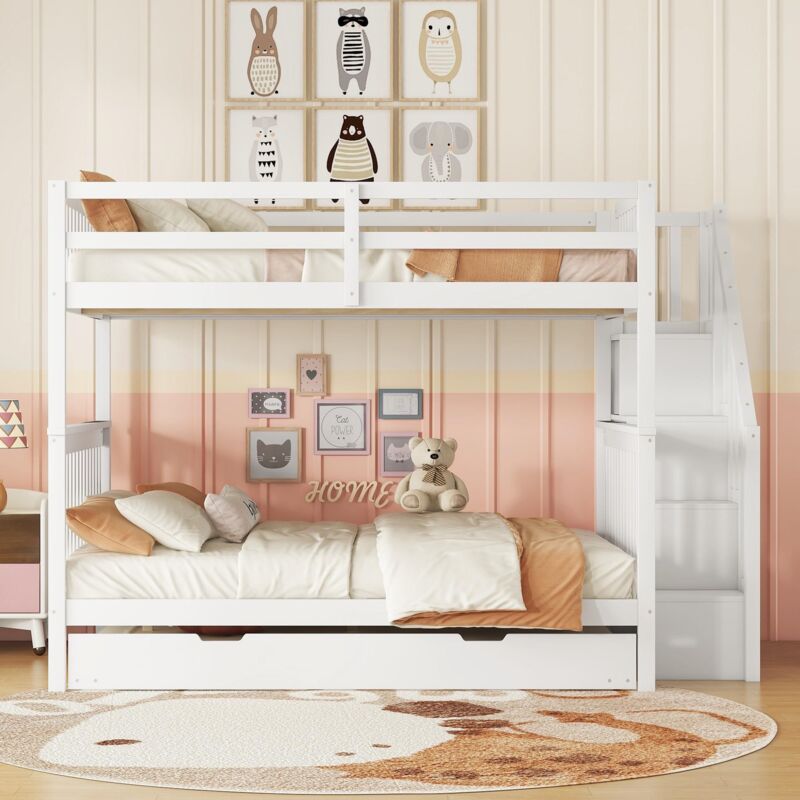 Tanant - Lit superposé enfant 140x200cm - avec lit gigogne gigogne, lit enfant avec cadre d'escalier et garde-corps hauts, sommier à lattes, certifié