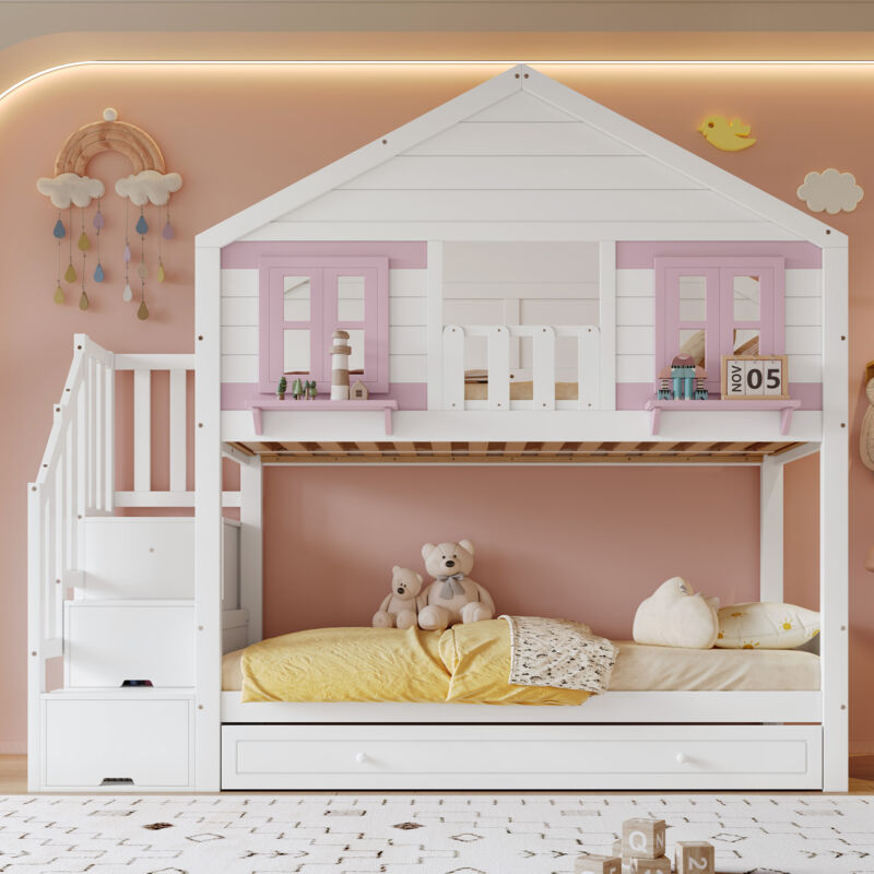 Lit superposé enfant 90x200 cm avec lit tirant, penderie, fenêtres et toit décoratifs, sommier lattes inclus, pin/MDF/contreplaqué, blanc et rose