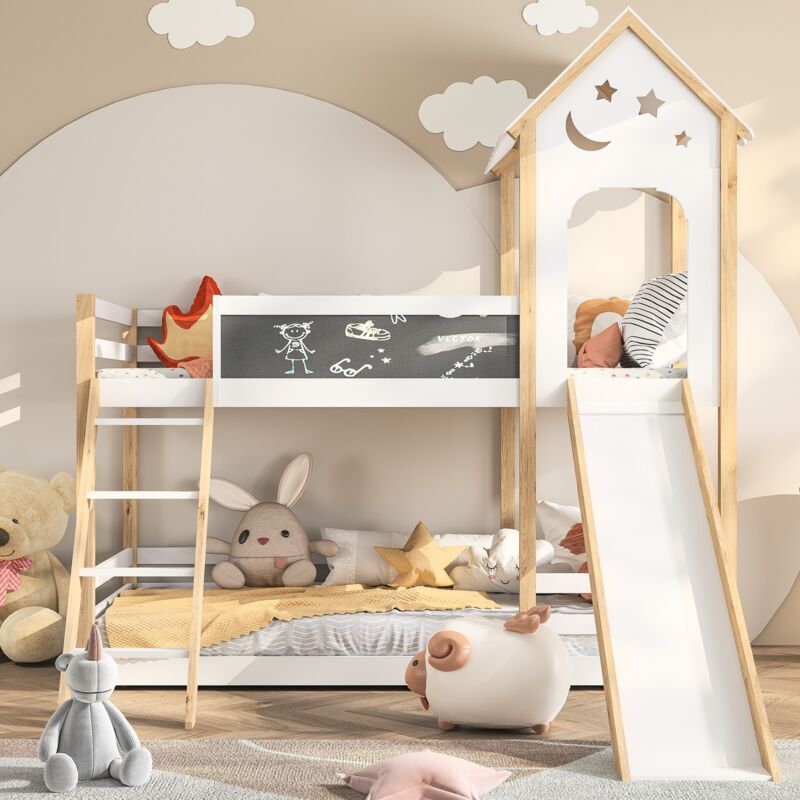 Lit superposé enfant 90x200 cm, avec toboggan et escalier, avec tableau antichute, avec toit, design double couleur bois, adapté aux enfants et