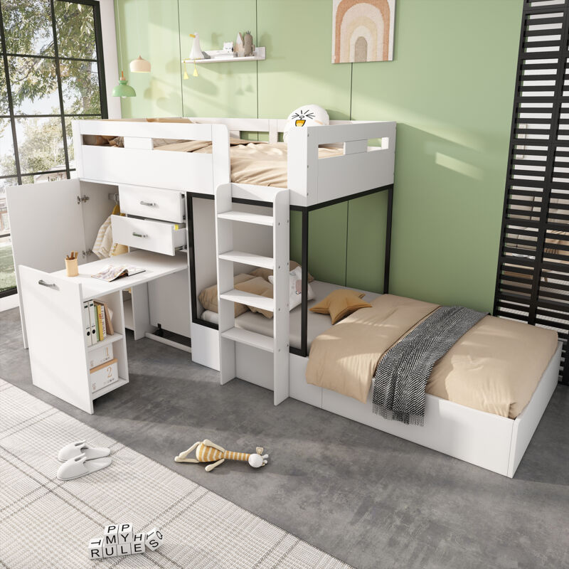 Hauss Spole - Lit superposé enfant 90x200 cm, bureau gigogne + armoire, 2 tiroirs, sans matelas, mdf, blanc