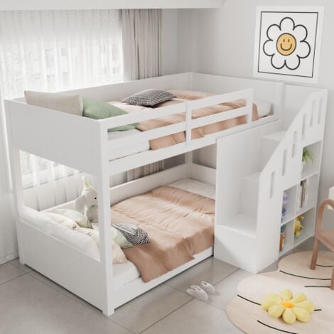 Lit superposé enfant 90x200 cm, cadre de lit avec escaliers, casiers, balustrade, sans matelas, blanc