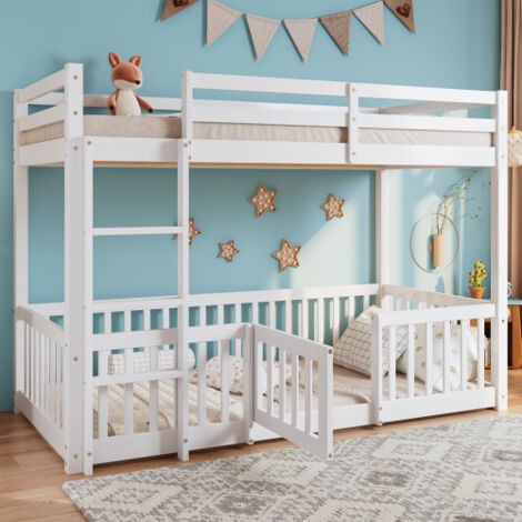 Lit superposé enfant 90x200 cm, cadre de lit superposé en bois avec escalier, clôtures et portes, blanc, sans matelas