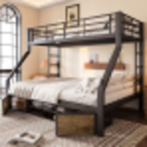 Lit superposé enfant 90x200 cm et 140x200 cm avec étagère à chaussures, compartiments de rangement, barrières de sécurité, escalier, sans matelas, noir