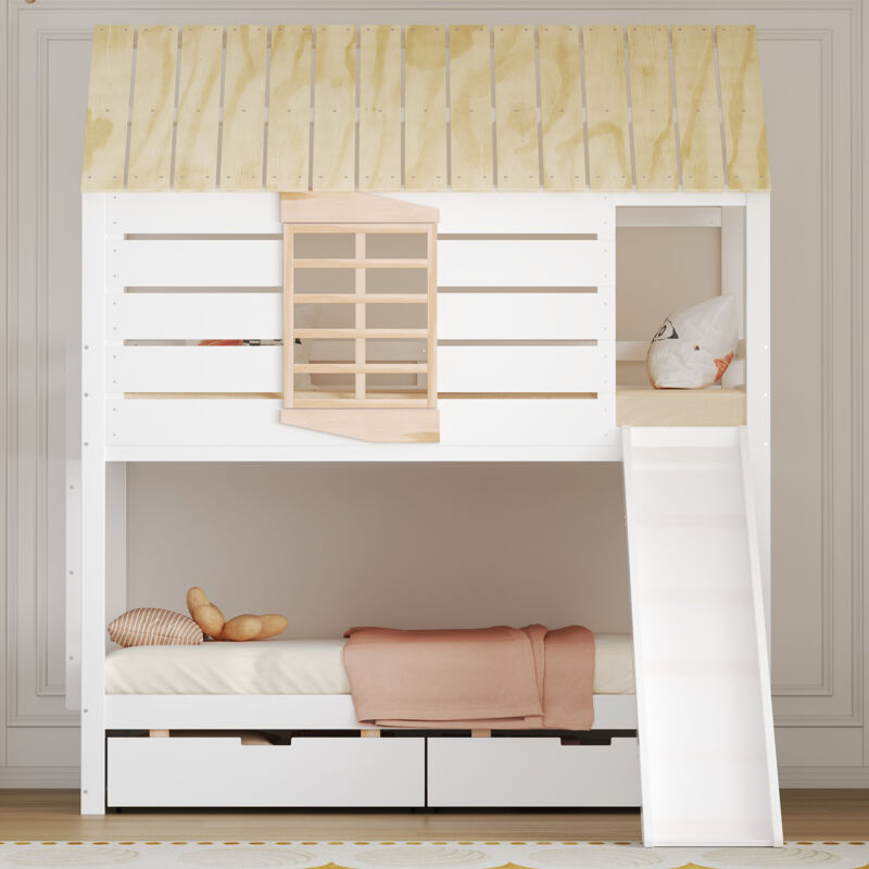 Lit superposé enfant 90x200 cm, lit cabane avec toboggan, 2 tiroirs, conception de fenêtres, bois/MDF, blanc