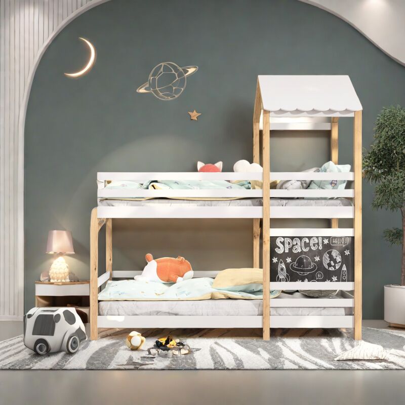 Sureh - Lit superposé enfant 90x200 cm,lit cabane enfant avec tableau noir et barrière de lit haute,sommier à lattes,lit mezzanine 2 places,bois