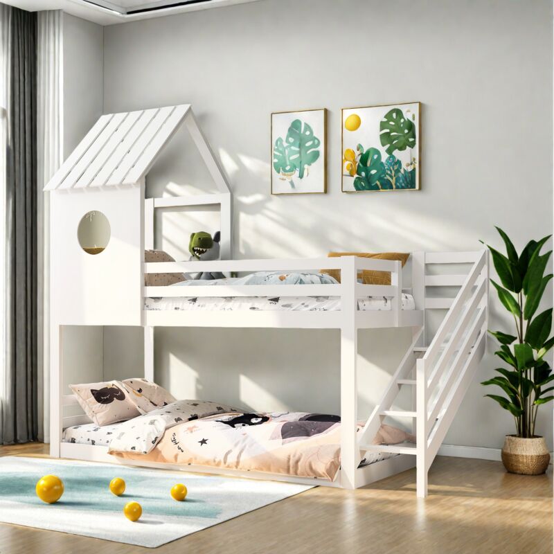 Sureh - lit superposé enfant 90x200 cm, lit cabane superposé, lit mezzanine 1 places, lit enfant avec échelle et barrières de sécurité, pin, Blanc