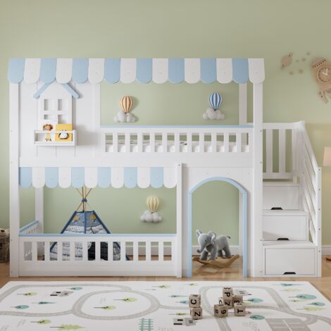 Lit superposé enfant 90x200 cm, lit mezzanine avec escalier de rangement, sommier à lattes en bois massif, barrière de sécurité, design, Blanc