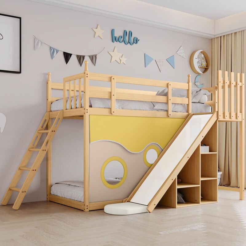 Lit superposé enfant 90x200 cm - lit mezzanine avec toboggan et escalier, lit enfant avec protection antichute et grille, pin massif - naturel